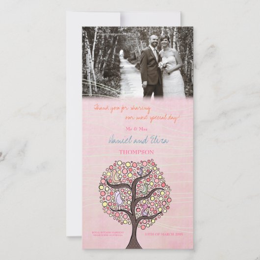 Birds in Tree Pink Thank You's Photo 結婚 Card サンキューカード (正面)