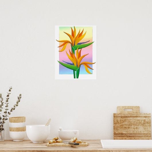Birds of Paradise with Pastel Rainbow Background ポスター (キッチン)
