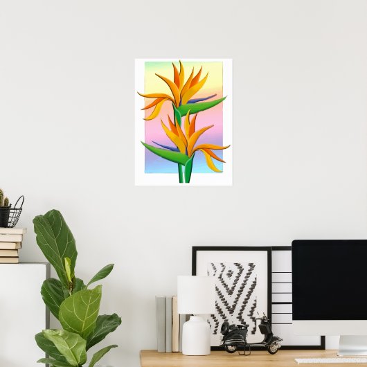 Birds of Paradise with Pastel Rainbow Background ポスター (ホームオフィス)