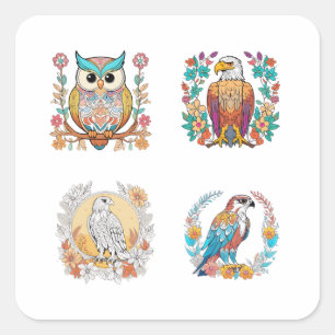 Birds of Prey Cartoon Floral Pattern Art 4 Pack St スクエアシール