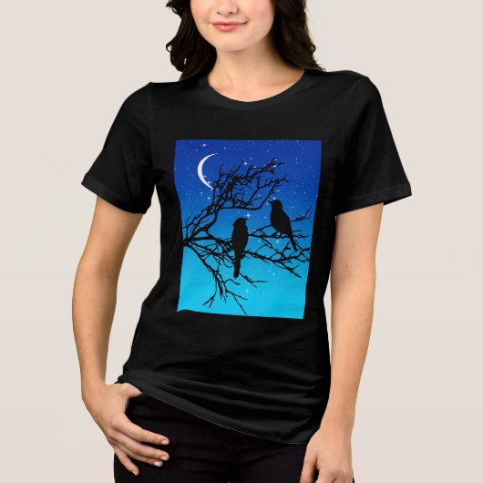 Birds on a branch, Black Against夕べ・ブルー トライブレンドTシャツ (正面)