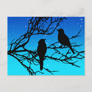 Birds on a branch, Black Against夕べ・ブルー ポストカード