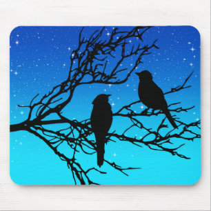 Birds on a branch, Black Against夕べ・ブルー マウスパッド