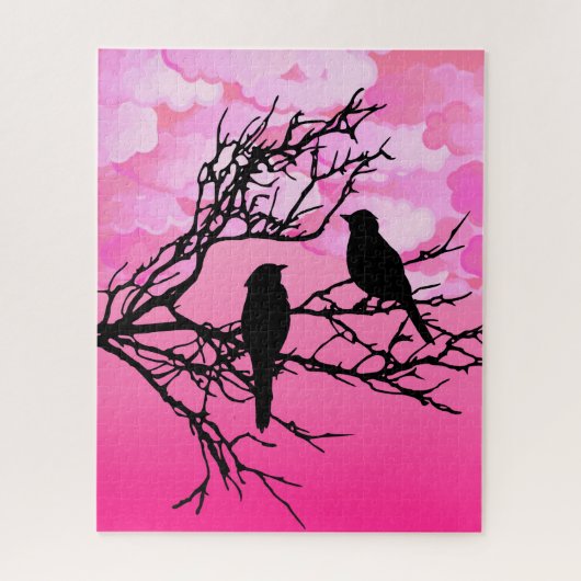 Birds on a branch, Black Against Dawn Pink ジグソーパズル (縦)