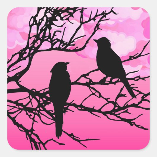 Birds on a branch, Black Against Dawn Pink スクエアシール (正面)