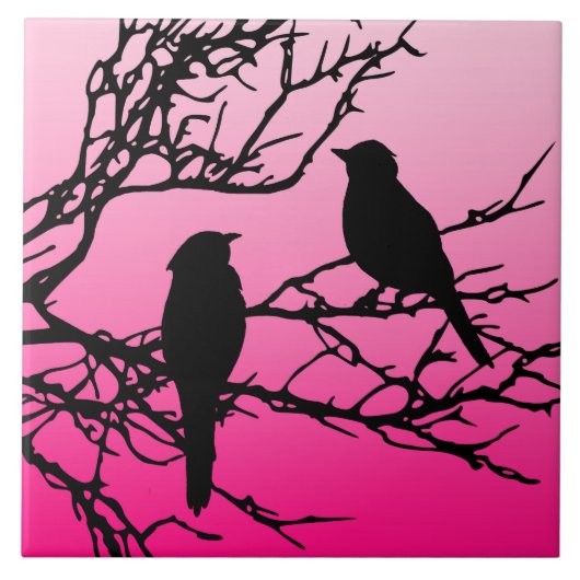 Birds on a branch, Black Against Dawn Pink タイル (正面)