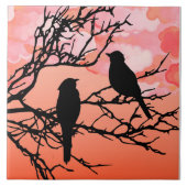 Birds on a branch, Black Against Sunset Orange タイル (正面)
