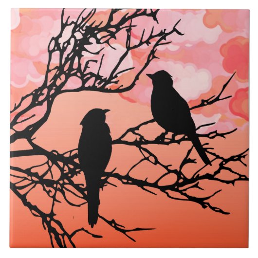 Birds on a branch, Black Against Sunset Orange タイル (正面)