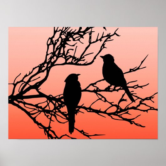 Birds on a branch, Black Against Sunset Orange ポスター (正面)