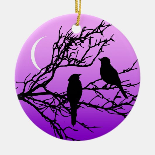 Birds on a branch, Black Against Twilight Purple セラミックオーナメント (正面)