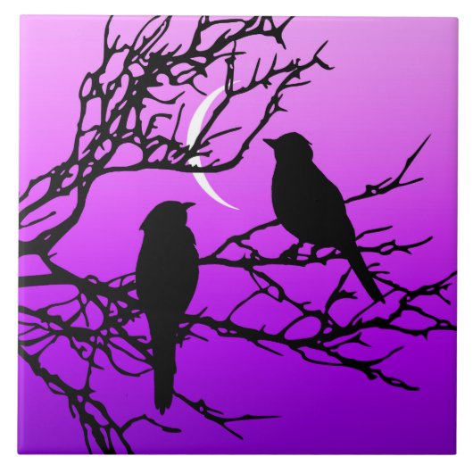 Birds on a branch, Black Against Twilight Purple タイル (正面)