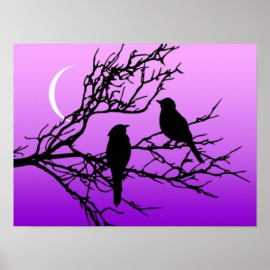 Birds on a branch, Black Against Twilight Purple ポスター (正面)
