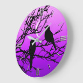 Birds on a branch, Black Against Twilight Purple ラージ壁時計 (傾斜)