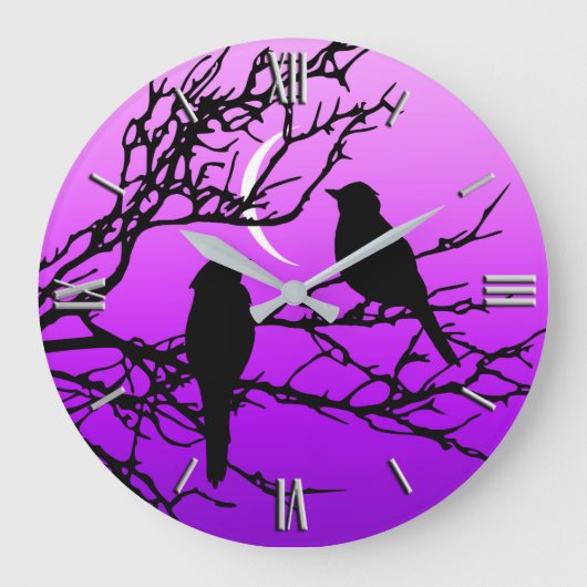 Birds on a branch, Black Against Twilight Purple ラージ壁時計 (正面)