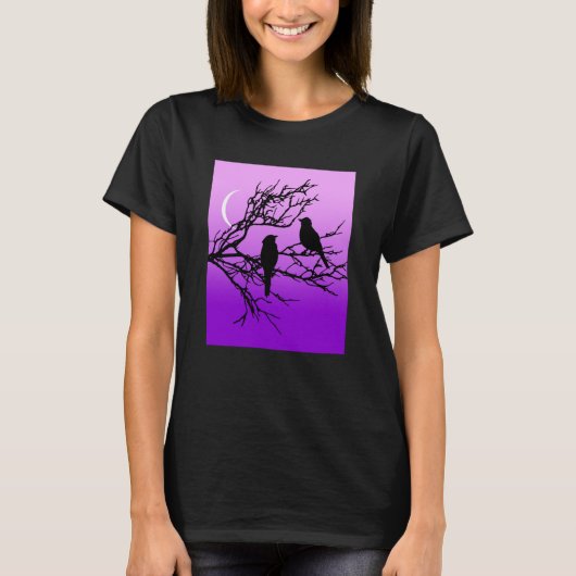 Birds on a branch, Black Against Twilight Purple Tシャツ (正面)