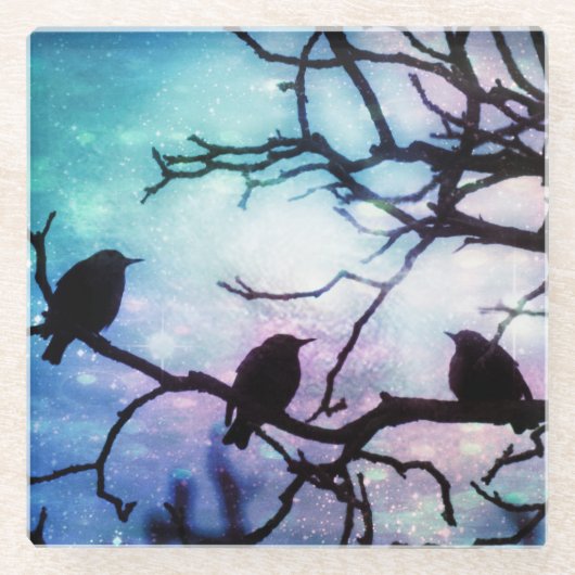 Birds on a branch - Starlight ガラスコースター (正面)