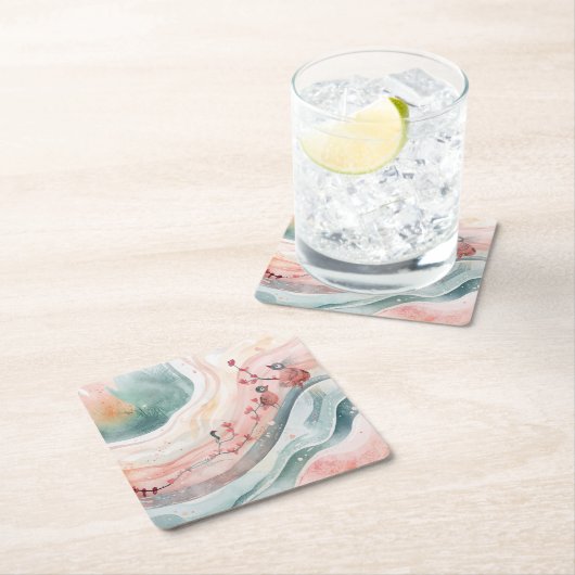 Birds on a Heart Branch スクエアペーパーコースター (インサイチュ)