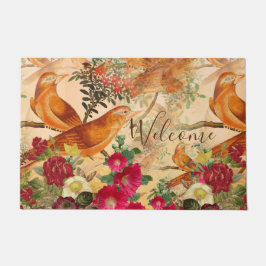 Birds on Branchティール（緑がかった色）、オレンジ、イエローウェルカム ドアマット