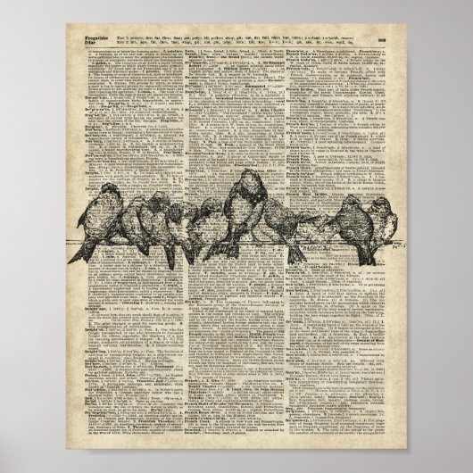 Birds on Branchヴィンテージステンシルオールドブックページ ポスター (正面)