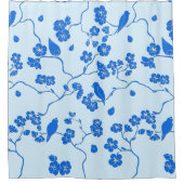 Birds on Cherry Blossoms Blue on Blue シャワーカーテン (正面)