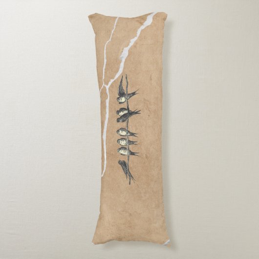 Birds on cracked surface, beige brown and text ボディピロー (正面縦)