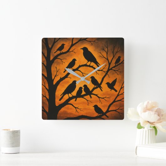Birds Tree Silhouette スクエア壁時計 (ホーム)
