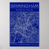 Birmingham Blueprint City Map Poste Minimal Wall ポスター (正面)