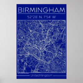 Birmingham Blueprint City Map Poste Minimal Wall ポスター