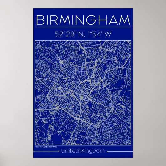 Birmingham Blueprint City Map Poste Minimal Wall ポスター (正面)