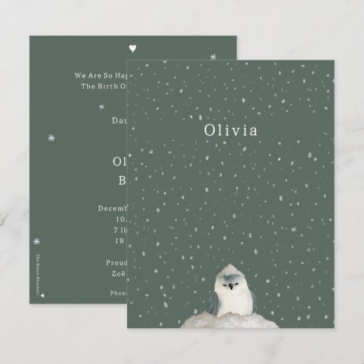 Birth Announcement Card Little Bird In The Snow ノートカード (正面/裏面)