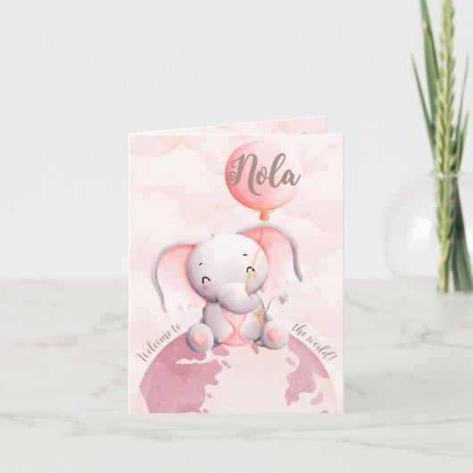 Birth Announcement Girl - Cute Elephant On Earth 案内状 (正面)