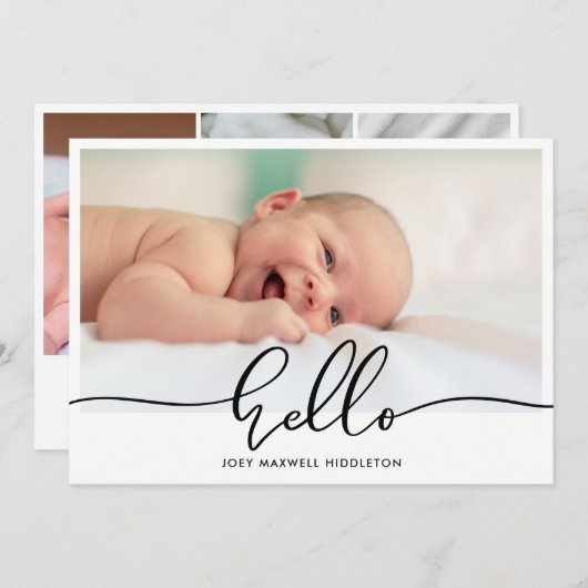 Birth Announcement Hello Script 生まれたばかりのPhoto 案内状 (正面/裏面)