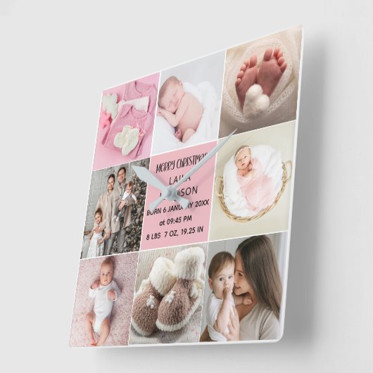  Birth Announcment Personalize 8 Photo christmas スクエア壁時計 (傾斜)