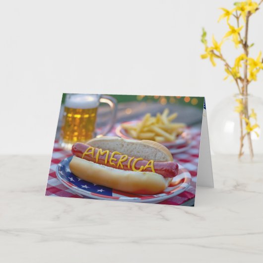Birthday 4th of July Hot Dog With Beer カード (黄色い花)