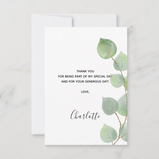 Birthday 50 eucalyptus greenery modern script サンキューカード (裏面)