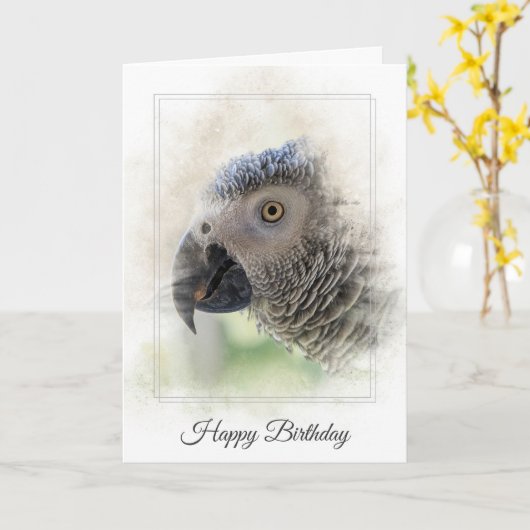 Birthday African Gray Parrot Macro カード (黄色い花)