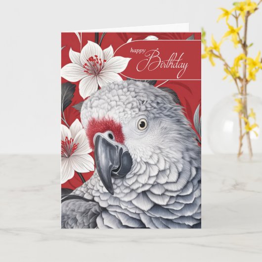 Birthday African Grey Parrot Red and White Lilies カード (黄色い花)