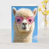 Birthday Alpaca Wearing Pink Heart-shaped Glasses カード (黄色い花)