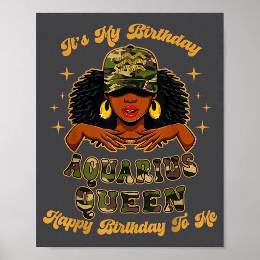 Birthday Aquarius Queen Camo Black Woman African Z ポスター (正面)