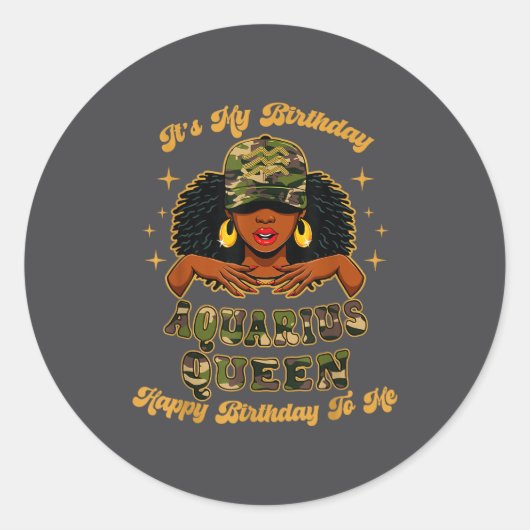 Birthday Aquarius Queen Camo Black Woman African Z ラウンドシール (正面)