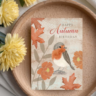 Birthday Autumn Leaves Flowers and Robin Bird  カード