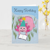 Birthday Axolotl Wearing Party Hat カード (黄色い花)