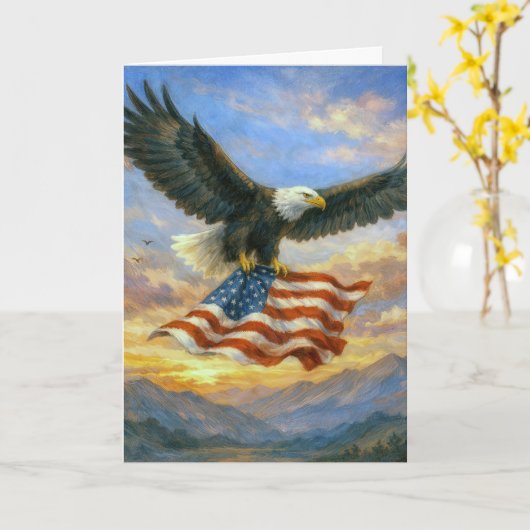 Birthday Bald Eagle With American Flag カード (黄色い花)