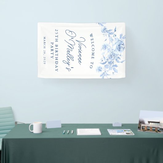 Birthday Banner 25th Birthday Party Blue Floral 横断幕 (トレードショー)
