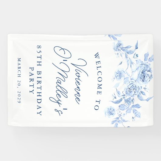 Birthday Banner 85th Birthday Party Blue Floral 横断幕 (横)