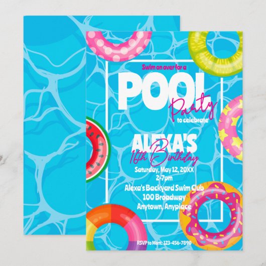 Birthday Bday Pool Party 招待状 (正面/裏面)