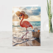 Birthday Beach Flamingo with Sunglasses カード (正面)