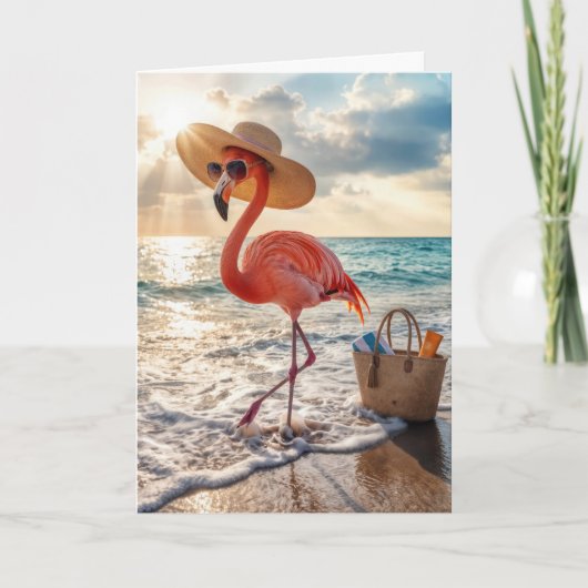 Birthday Beach Flamingo with Sunglasses カード (正面)