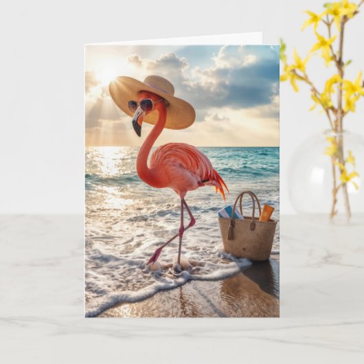 Birthday Beach Flamingo with Sunglasses カード (黄色い花)