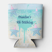 Birthday beach watercolor starfish kids party 缶クーラー (正面)